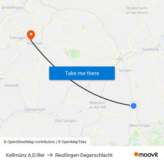 Kellmünz A.D.Iller to Reutlingen-Degerschlacht map