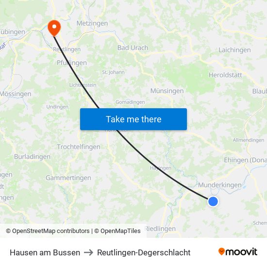 Hausen am Bussen to Reutlingen-Degerschlacht map
