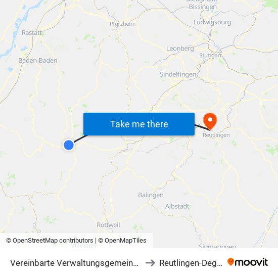 Vereinbarte Verwaltungsgemeinschaft Freudenstadt to Reutlingen-Degerschlacht map