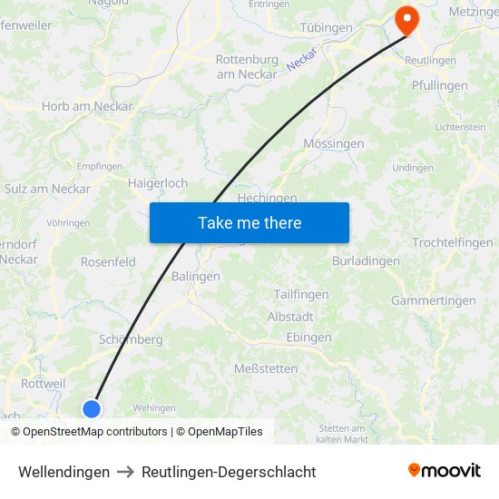 Wellendingen to Reutlingen-Degerschlacht map