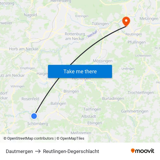 Dautmergen to Reutlingen-Degerschlacht map