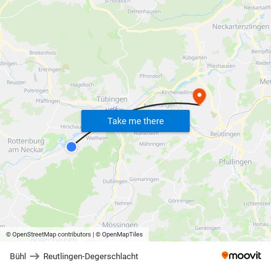 Bühl to Reutlingen-Degerschlacht map