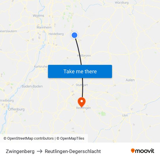 Zwingenberg to Reutlingen-Degerschlacht map