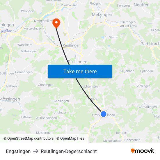 Engstingen to Reutlingen-Degerschlacht map