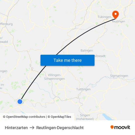 Hinterzarten to Reutlingen-Degerschlacht map