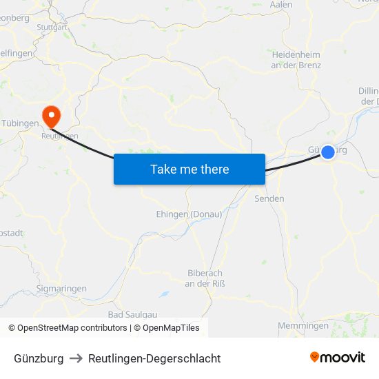 Günzburg to Reutlingen-Degerschlacht map