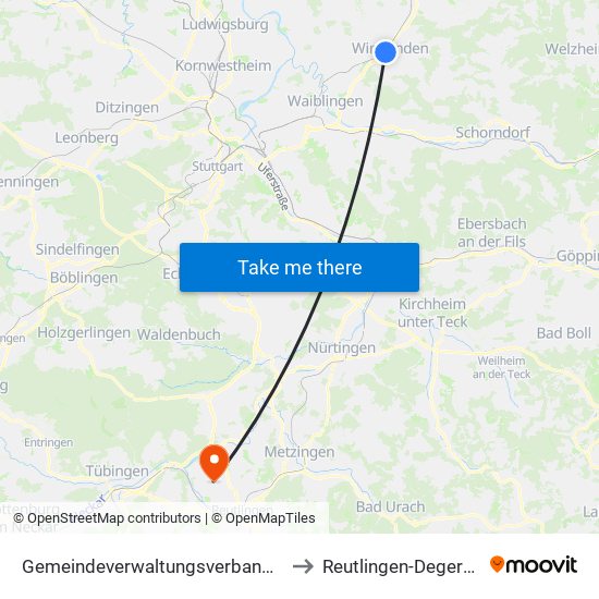 Gemeindeverwaltungsverband Winnenden to Reutlingen-Degerschlacht map