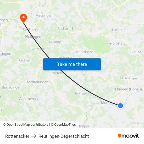 Rottenacker to Reutlingen-Degerschlacht map