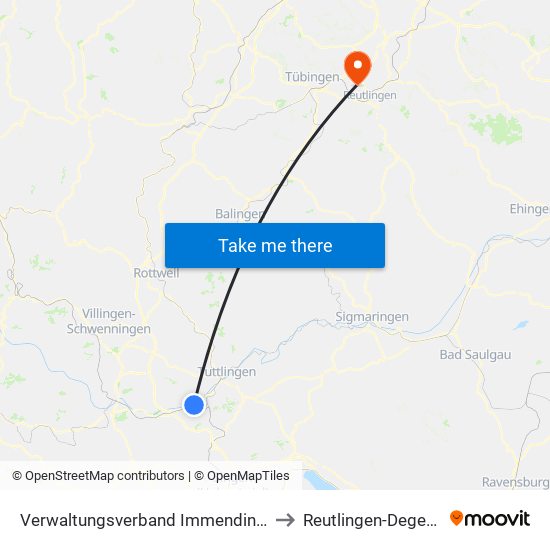 Verwaltungsverband Immendingen-Geisingen to Reutlingen-Degerschlacht map