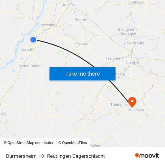 Durmersheim to Reutlingen-Degerschlacht map