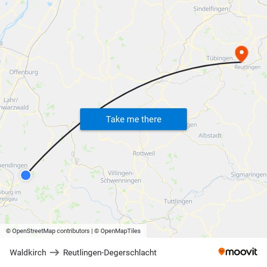 Waldkirch to Reutlingen-Degerschlacht map