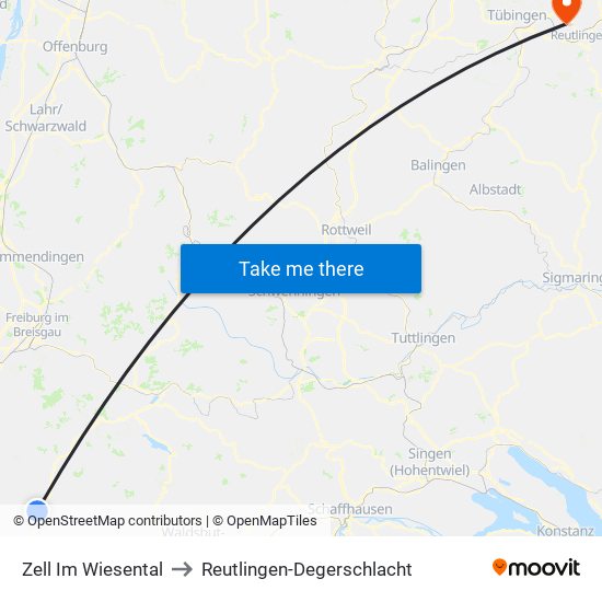 Zell Im Wiesental to Reutlingen-Degerschlacht map