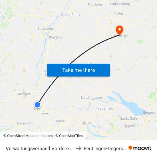 Verwaltungsverband Vorderes Kandertal to Reutlingen-Degerschlacht map