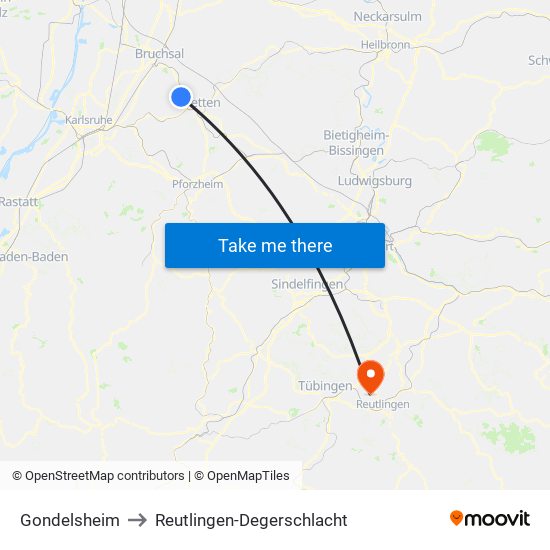 Gondelsheim to Reutlingen-Degerschlacht map