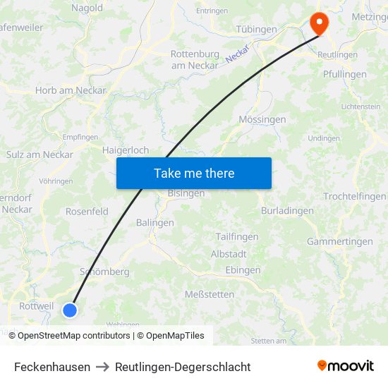 Feckenhausen to Reutlingen-Degerschlacht map