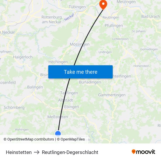 Heinstetten to Reutlingen-Degerschlacht map