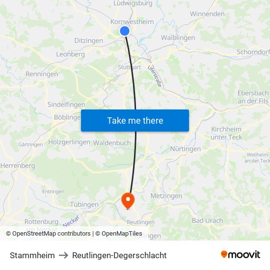 Stammheim to Reutlingen-Degerschlacht map