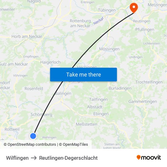 Wilflingen to Reutlingen-Degerschlacht map