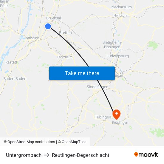 Untergrombach to Reutlingen-Degerschlacht map