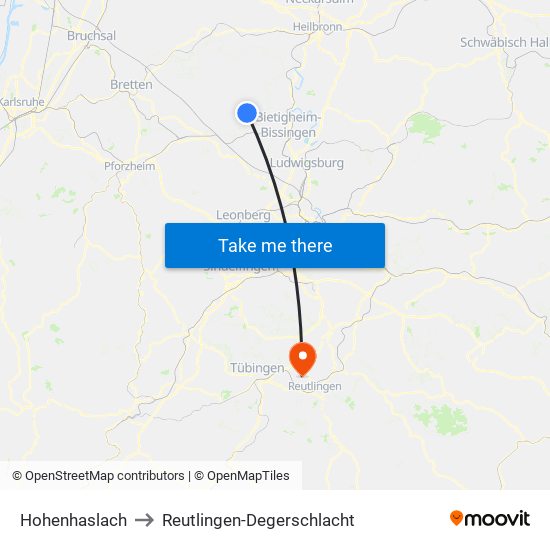 Hohenhaslach to Reutlingen-Degerschlacht map