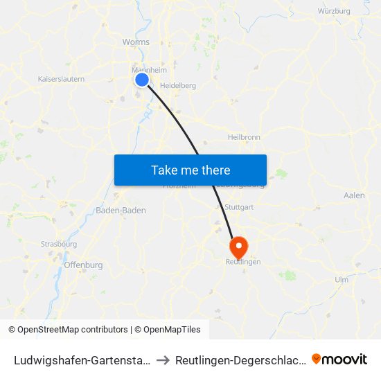 Ludwigshafen-Gartenstadt to Reutlingen-Degerschlacht map