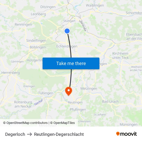 Degerloch to Reutlingen-Degerschlacht map