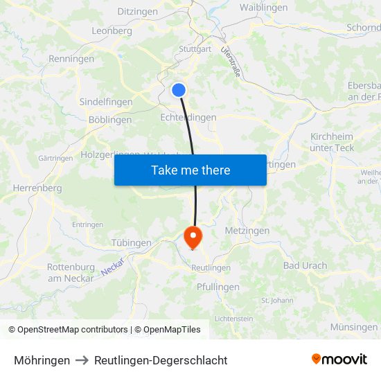Möhringen to Reutlingen-Degerschlacht map