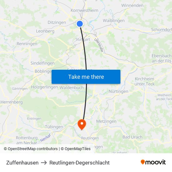 Zuffenhausen to Reutlingen-Degerschlacht map