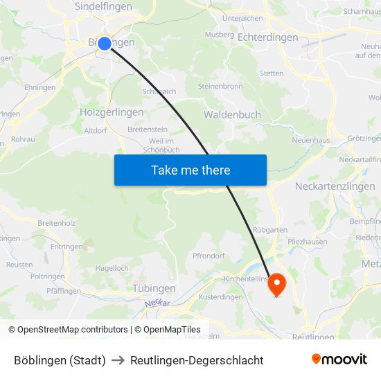 Böblingen (Stadt) to Reutlingen-Degerschlacht map