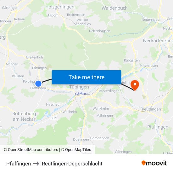 Pfäffingen to Reutlingen-Degerschlacht map