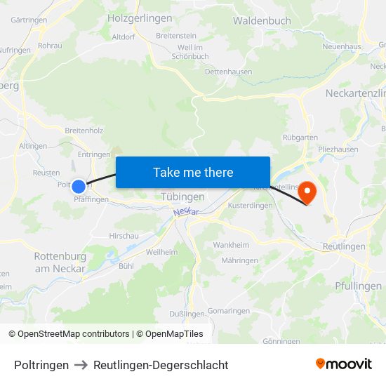 Poltringen to Reutlingen-Degerschlacht map