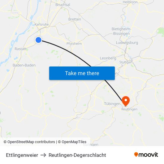 Ettlingenweier to Reutlingen-Degerschlacht map