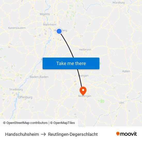 Handschuhsheim to Reutlingen-Degerschlacht map