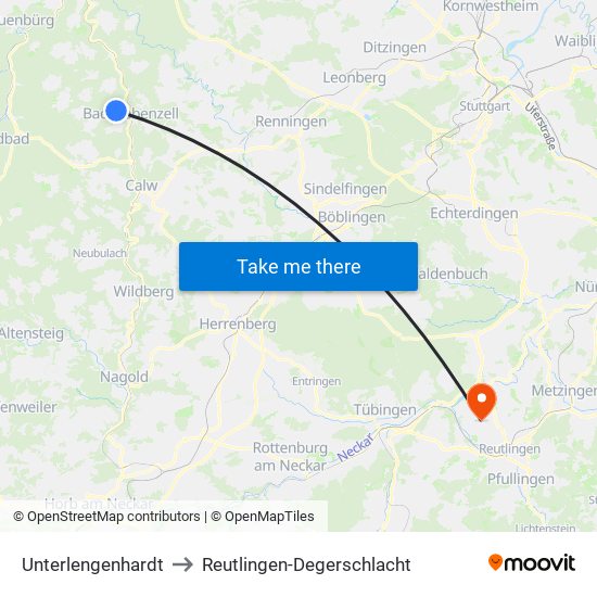 Unterlengenhardt to Reutlingen-Degerschlacht map