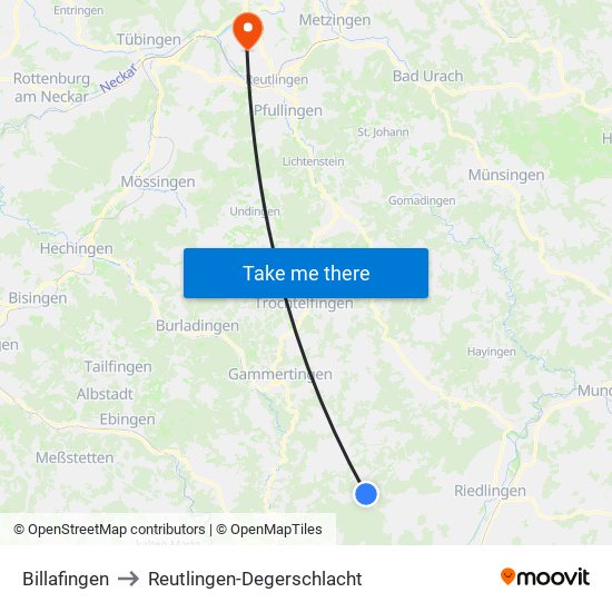 Billafingen to Reutlingen-Degerschlacht map