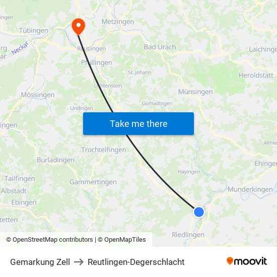 Gemarkung Zell to Reutlingen-Degerschlacht map