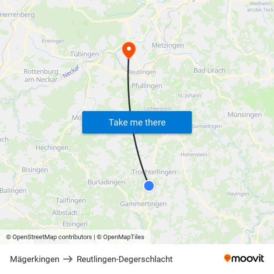 Mägerkingen to Reutlingen-Degerschlacht map