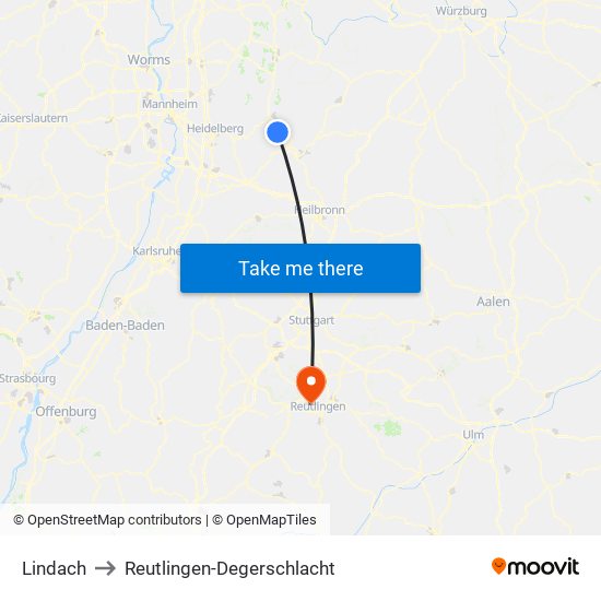 Lindach to Reutlingen-Degerschlacht map
