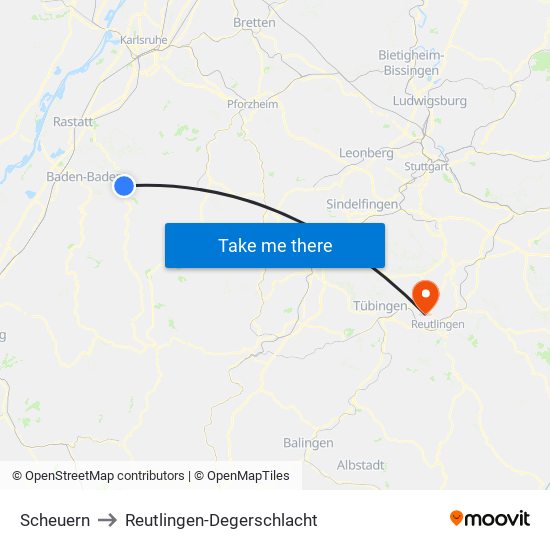 Scheuern to Reutlingen-Degerschlacht map