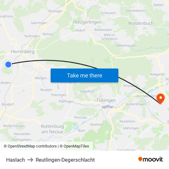 Haslach to Reutlingen-Degerschlacht map