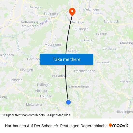 Harthausen Auf Der Scher to Reutlingen-Degerschlacht map