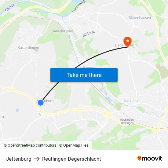 Jettenburg to Reutlingen-Degerschlacht map