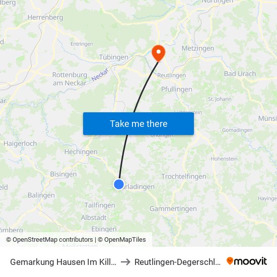 Gemarkung Hausen Im Killertal to Reutlingen-Degerschlacht map