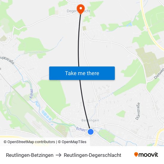 Reutlingen-Betzingen to Reutlingen-Degerschlacht map