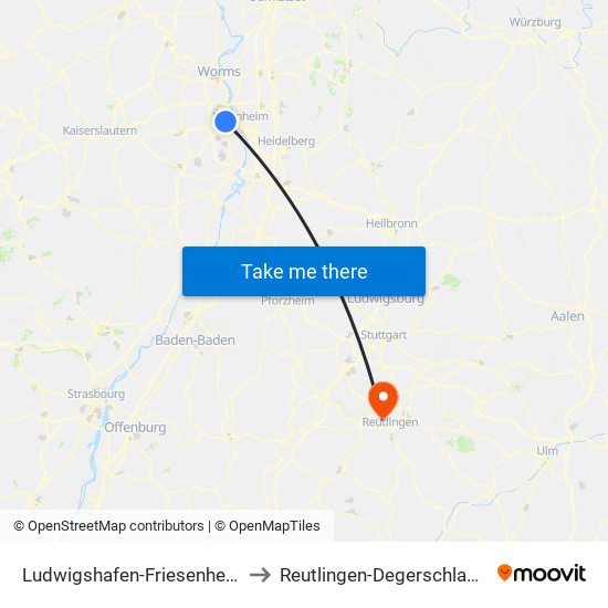 Ludwigshafen-Friesenheim to Reutlingen-Degerschlacht map