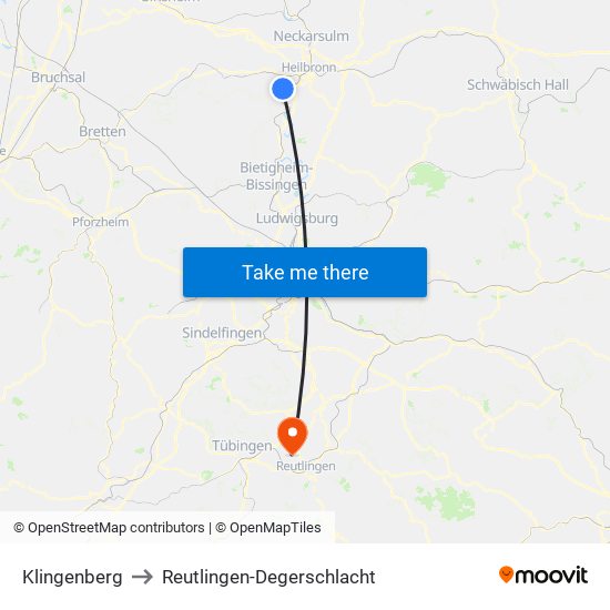 Klingenberg to Reutlingen-Degerschlacht map