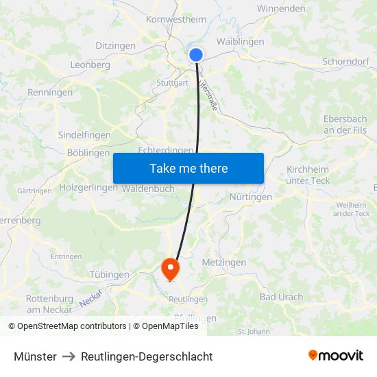 Münster to Reutlingen-Degerschlacht map