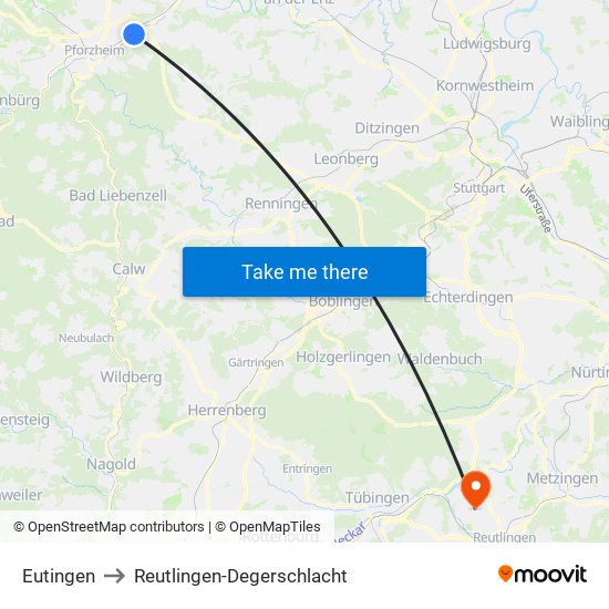 Eutingen to Reutlingen-Degerschlacht map