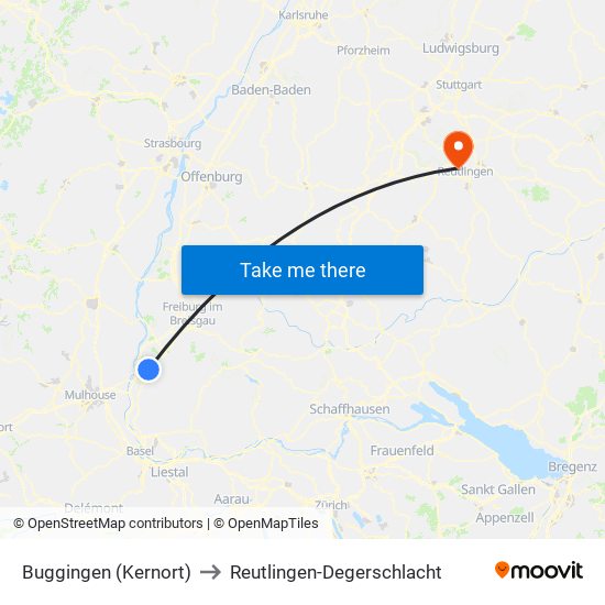 Buggingen (Kernort) to Reutlingen-Degerschlacht map