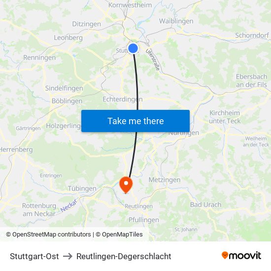 Stuttgart-Ost to Reutlingen-Degerschlacht map